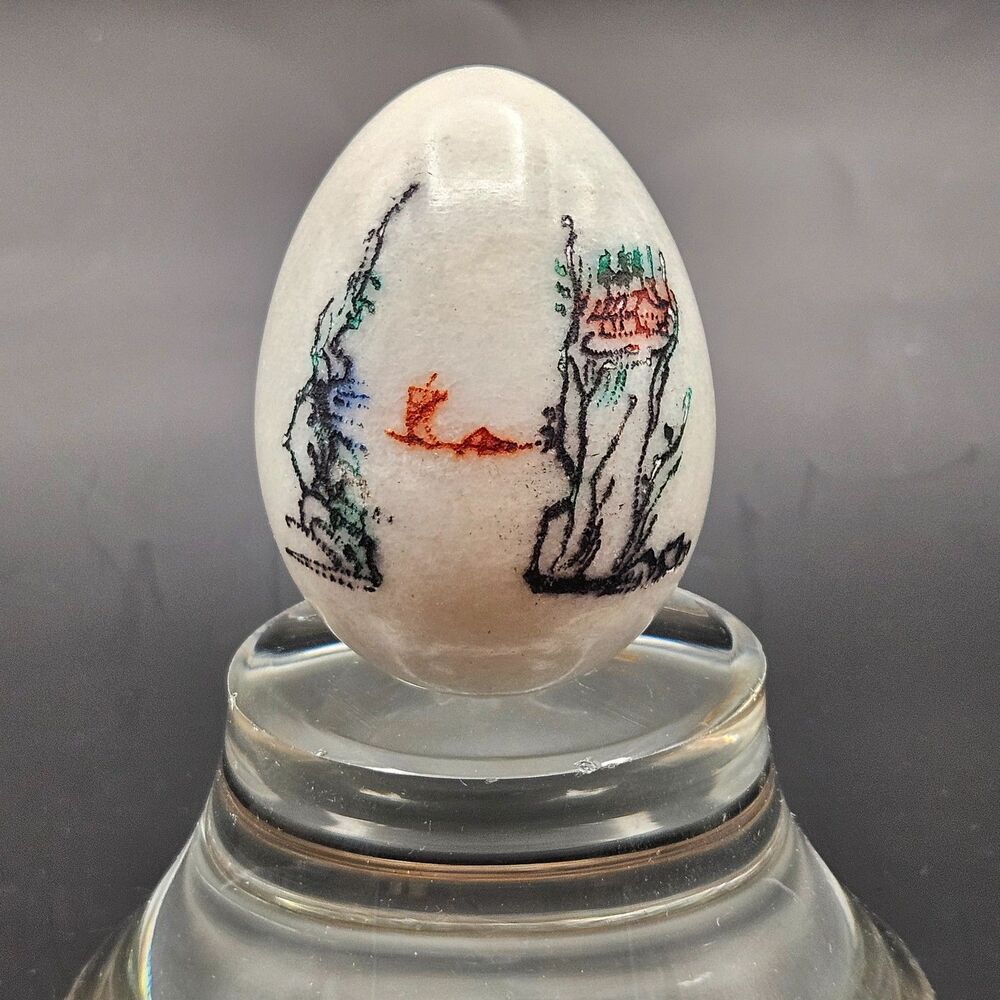 White Marble Egg Etched Hand Painted Asian Water Landscape Scene Vintage